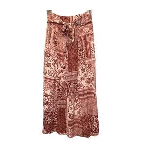 Onetheland Wide Leg Palazzo Pants Maroon‎ White Flowy Print High Waisted S